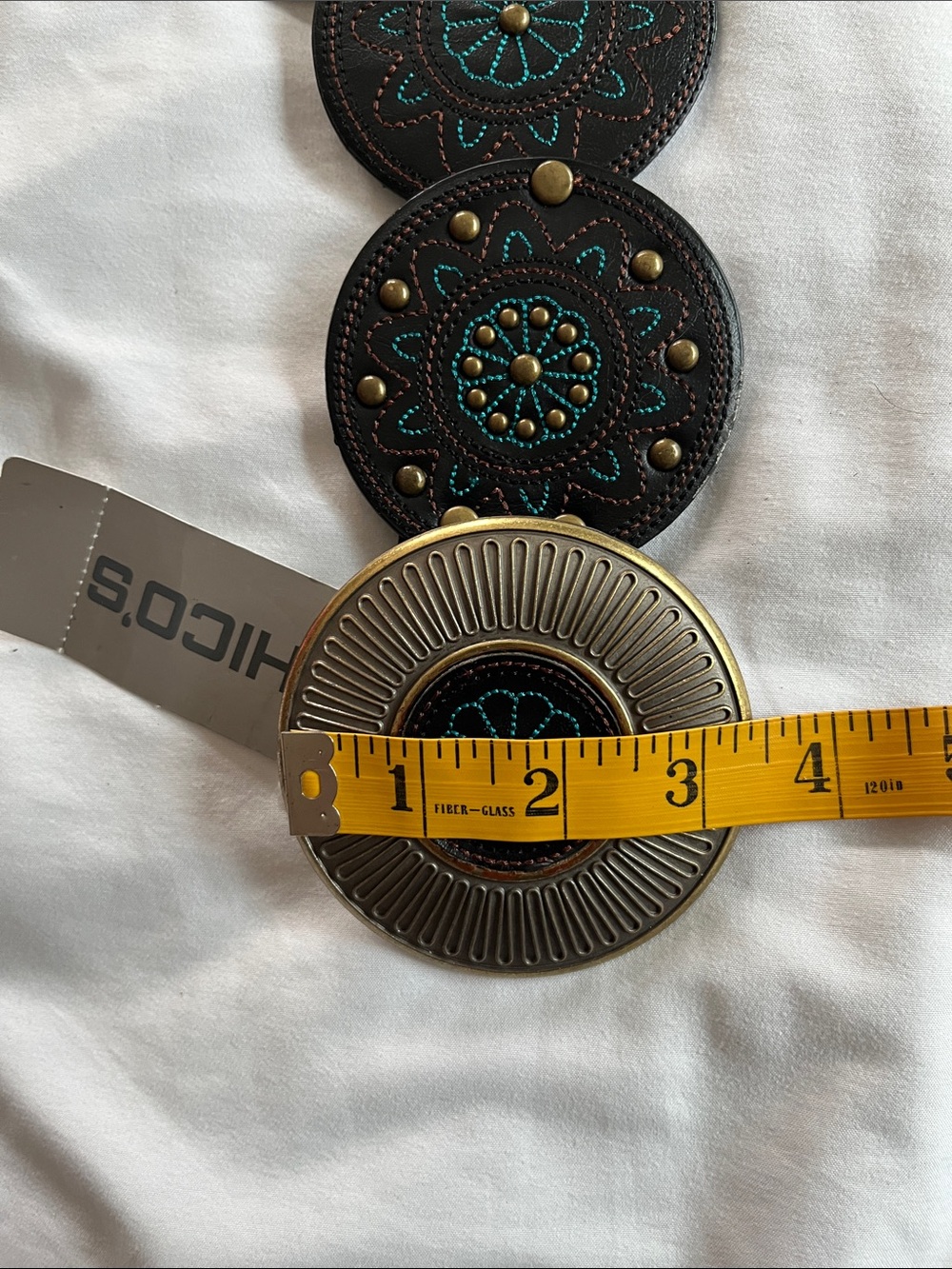 Chico’s VTG  NWT Mesa slouch belt black teal leather conchos brass round buckle - Picture 9 of 11